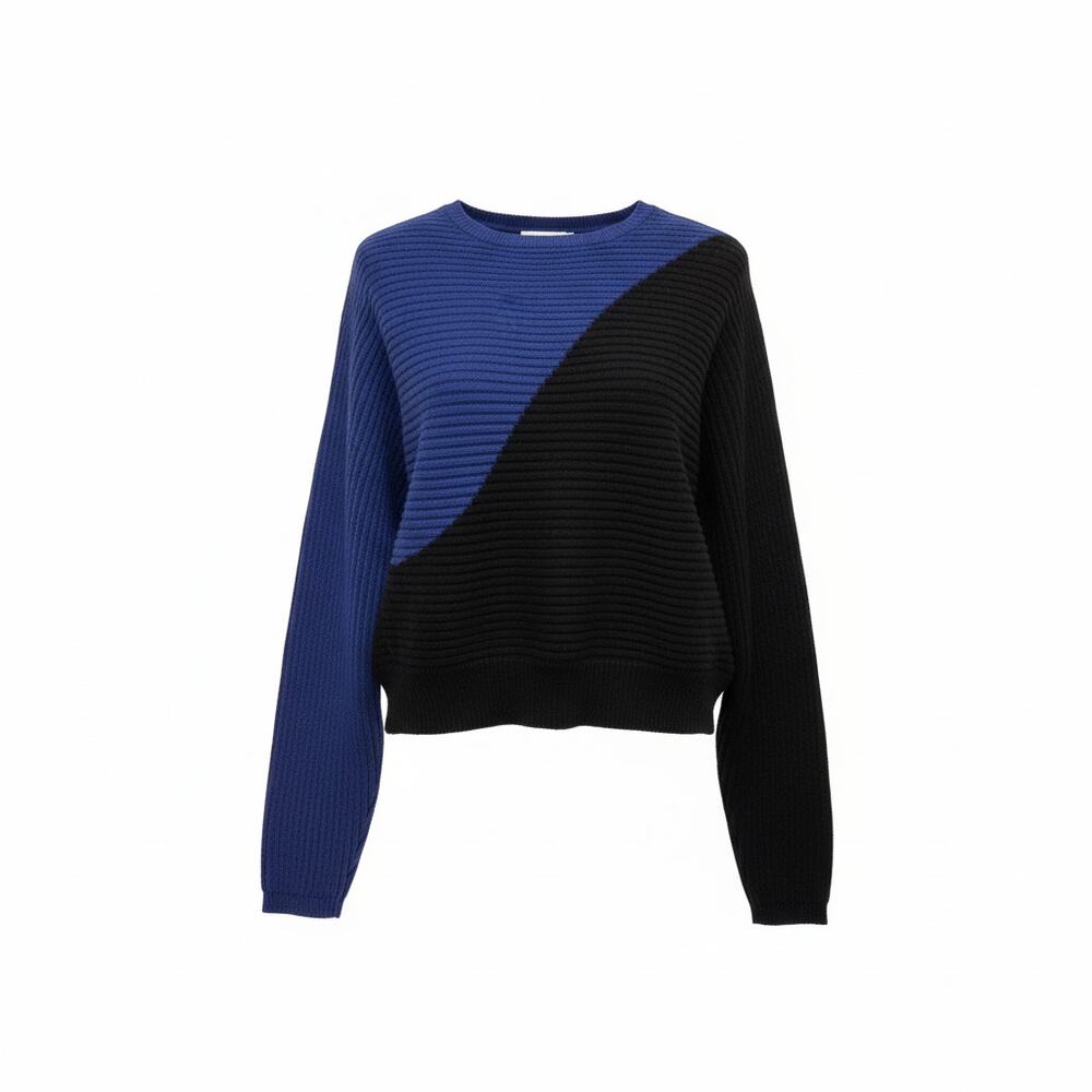 Express Womens Blue Black Colorblock Ribbed Knit Crewneck Sweater Size M